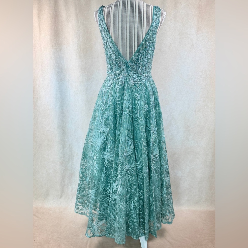 Mac Duggal Teal Beaded Lace Midi Dress Size 6 V-Neck Formal Wedding Guest - Picture 4 of 14